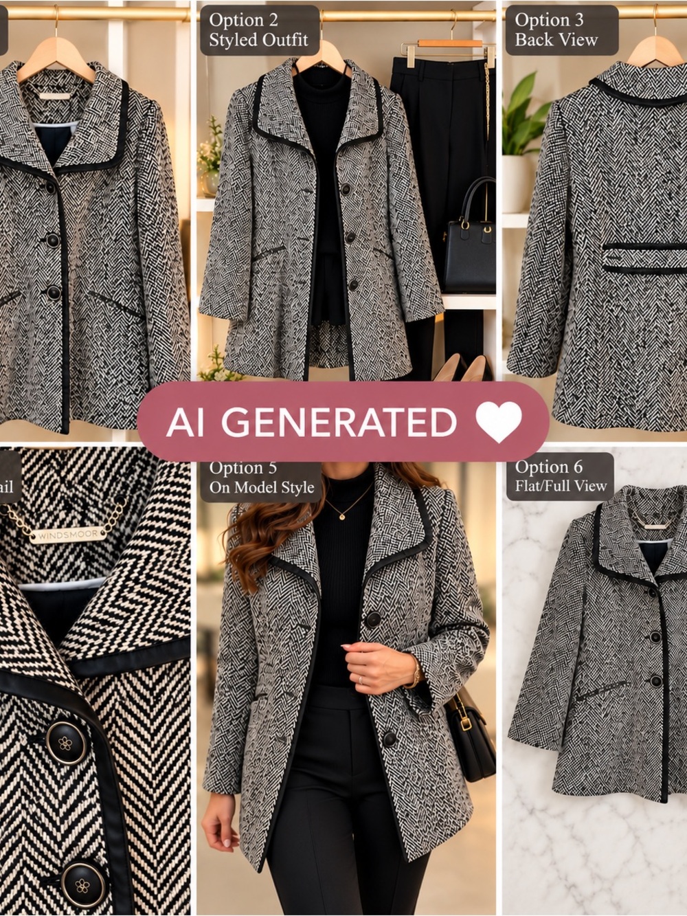 WINDSMOOR Black & White Herringbone Jacket | Faux Leather Trim | Size 14